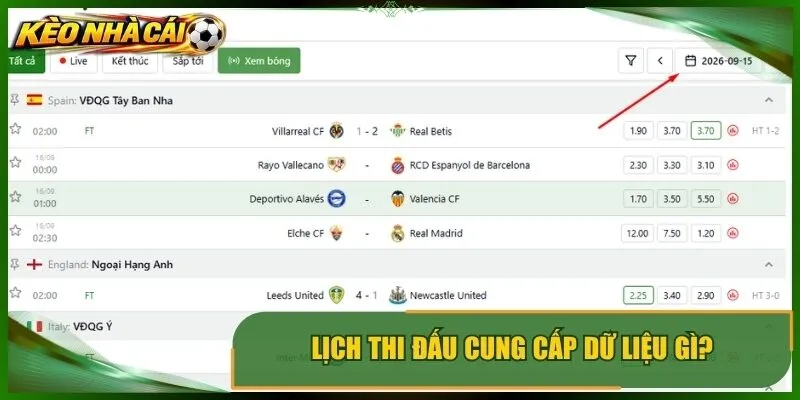 Lịch thi đấu cung cấp dữ liệu gì?