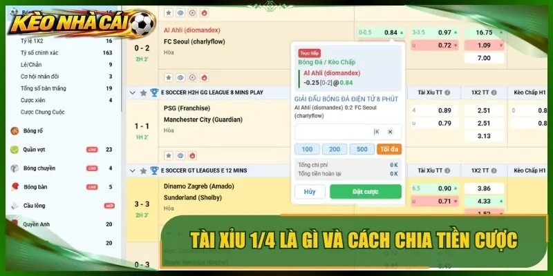 Tài xỉu 1/4 là gì và cách chia tiền cược theo mốc 0.25